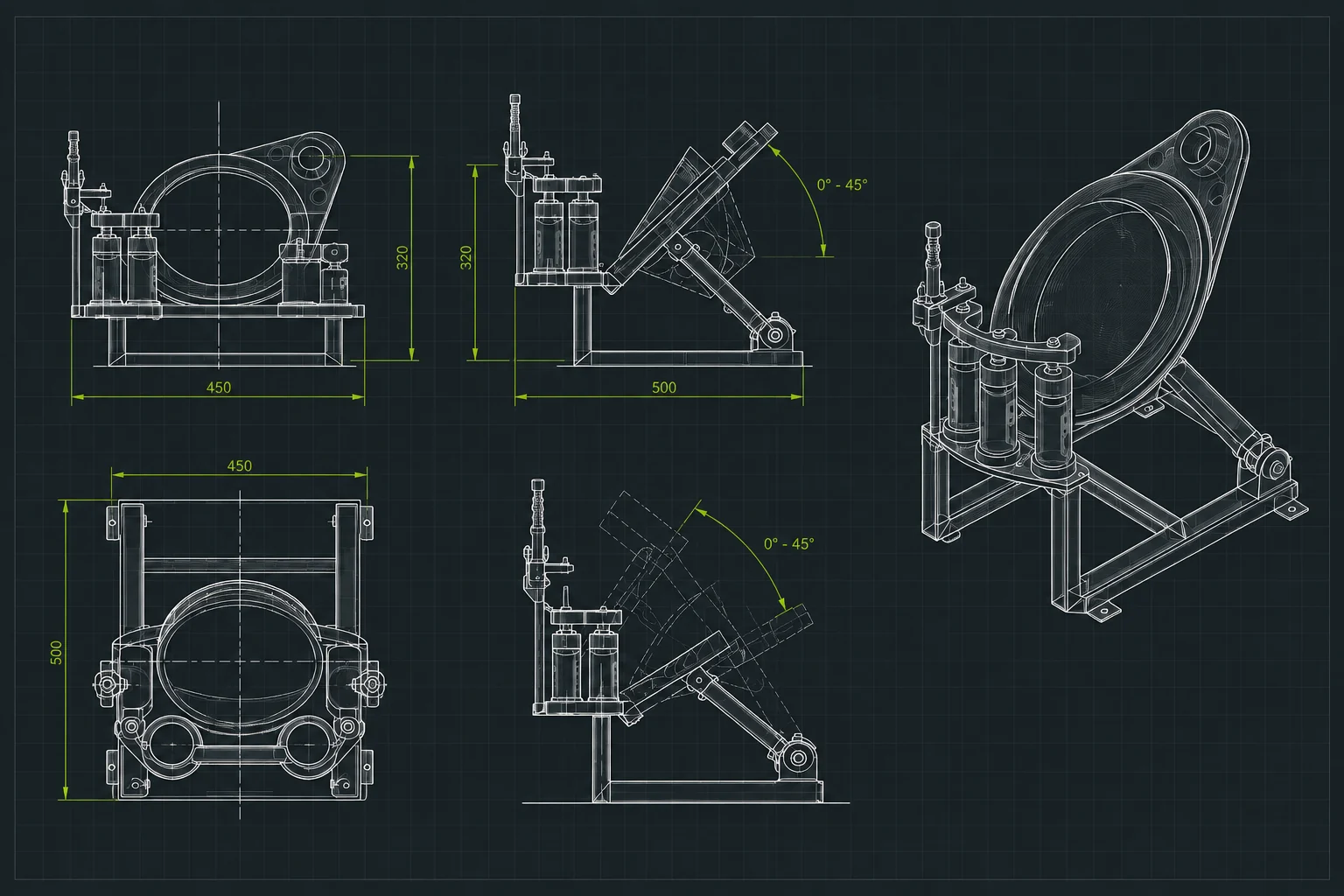 Plan d’un capteur aspirant sur mesure conçu par le bureau d’études CAPTAIR & DIMAVENT : vues de face, de profil, de dessus et en perspective, orientation 0 à 45°